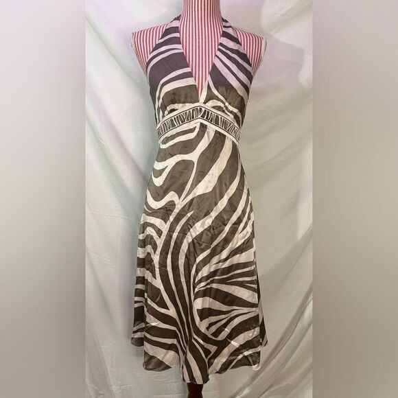 BCBG Silk Halter Dress Zebra Striped Brown Champagne Cocktail $260 Size 6 - Picture 3 of 8